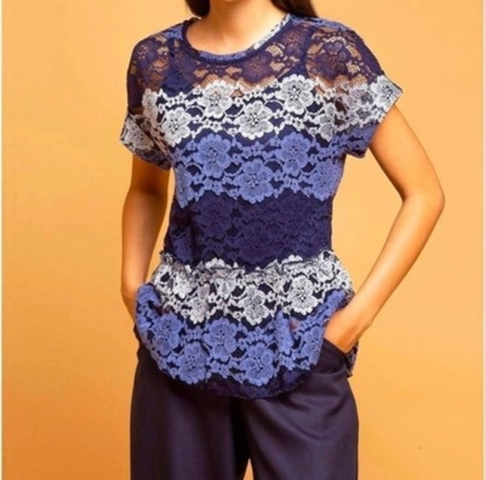 Eva Franco Peplum Top M Striped Lace Floral Short Sleeve USA Made Excellent - Picture 6 of 9